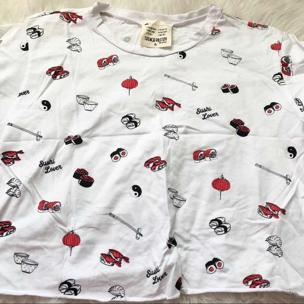 NWT Sushi T-shirt crop top shirt XL French Pastry graphic tee novelty fish tops